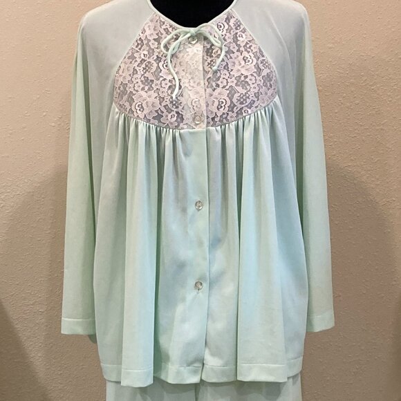 Vintage 1960s Women's Extra Large Pajama Set Lace Panel Raglan Sleeves Button Up - Picture 1 of 14